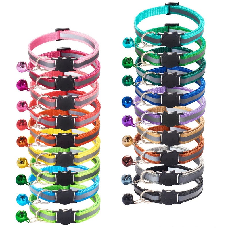 Flymind 18Pcs Reflective Cat ID Collars with Bell Adjustable 19-32cm, Soft Nylon Adjustable Breakaway Identification Collars for Puppy Kittens - Image 1