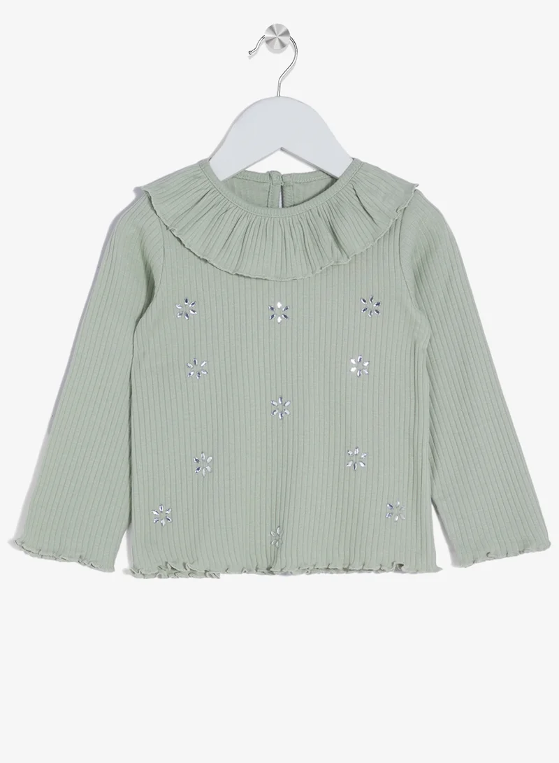 ريبلز مع نمشي تيشيرت بناتي بأكمام طويلة وياقة مكشكشة