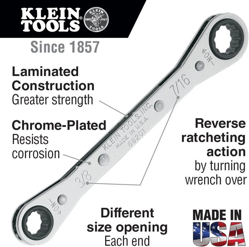 Klein Tools 68200 Ratcheting Box Wrench 1/4-Inch x 5/16-Inch with Reverse Ratcheting and Chrome Plated Finish - Image 2
