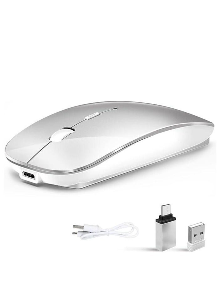 Wireless Bluetooth Mouse, Bluetooth 5.1 + USB, 2.4GHz Rechargeable Silent Bluetooth Wireless Mouse, Computer Mice with USB Receiver(Silver)  - Image 1