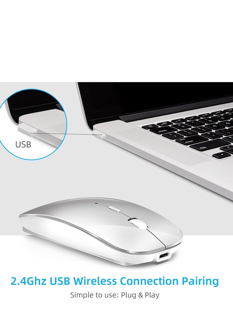 Wireless Bluetooth Mouse, Bluetooth 5.1 + USB, 2.4GHz Rechargeable Silent Bluetooth Wireless Mouse, Computer Mice with USB Receiver(Silver)  - Image 3