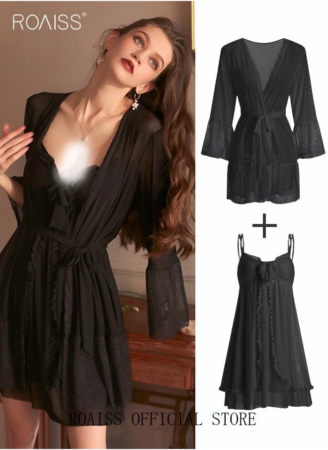 roaiss 2 Piece Nightgown Set Women's Sweet Halter Nightdress Lace Lingerie Sleepwear Home Dress Set Romantic Elegant Pajamas Ladies Spring Autumn Robe Loungewear  - Image 1