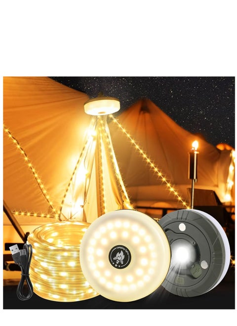 Camping String Lights Rechargeable, 10M 5 in 1 Outdoor Waterproof Stowable String Light with 5 Modes 2000mah Portable Camp String Lights Retractable LED Tent Camping Fairy Lights Warm