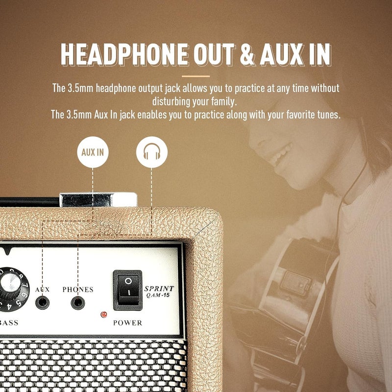SONICAKE Sprint QAM-15 15W Electric Guitar Amplifier, Portable Combo Amp with AUX Input Headphone Output, Dual-Channel and 3-Band EQ, All-in-one Speaker for Practice - Image 4