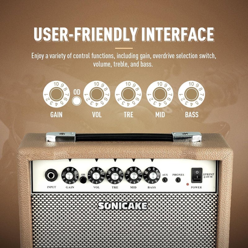 SONICAKE Sprint QAM-15 15W Electric Guitar Amplifier, Portable Combo Amp with AUX Input Headphone Output, Dual-Channel and 3-Band EQ, All-in-one Speaker for Practice - Image 5