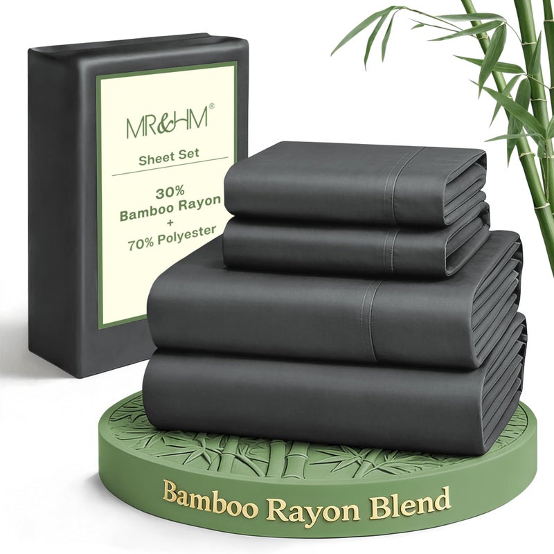 MR&HM Queen Sheet Set, 4-Piece Cooling Sheets, Rayon Derived from Bamboo & Polyester Blend, Soft & Silky, 15" Deep Pockets with Elastic Straps, Hotel Luxury for Hot Sleepers, Dark Grey - Image 1