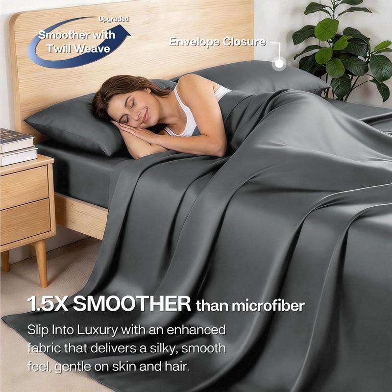 MR&HM Queen Sheet Set, 4-Piece Cooling Sheets, Rayon Derived from Bamboo & Polyester Blend, Soft & Silky, 15" Deep Pockets with Elastic Straps, Hotel Luxury for Hot Sleepers, Dark Grey - Image 5
