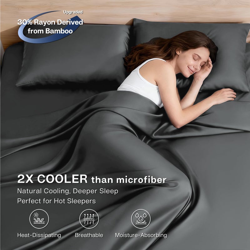 MR&HM Queen Sheet Set, 4-Piece Cooling Sheets, Rayon Derived from Bamboo & Polyester Blend, Soft & Silky, 15" Deep Pockets with Elastic Straps, Hotel Luxury for Hot Sleepers, Dark Grey - Image 3