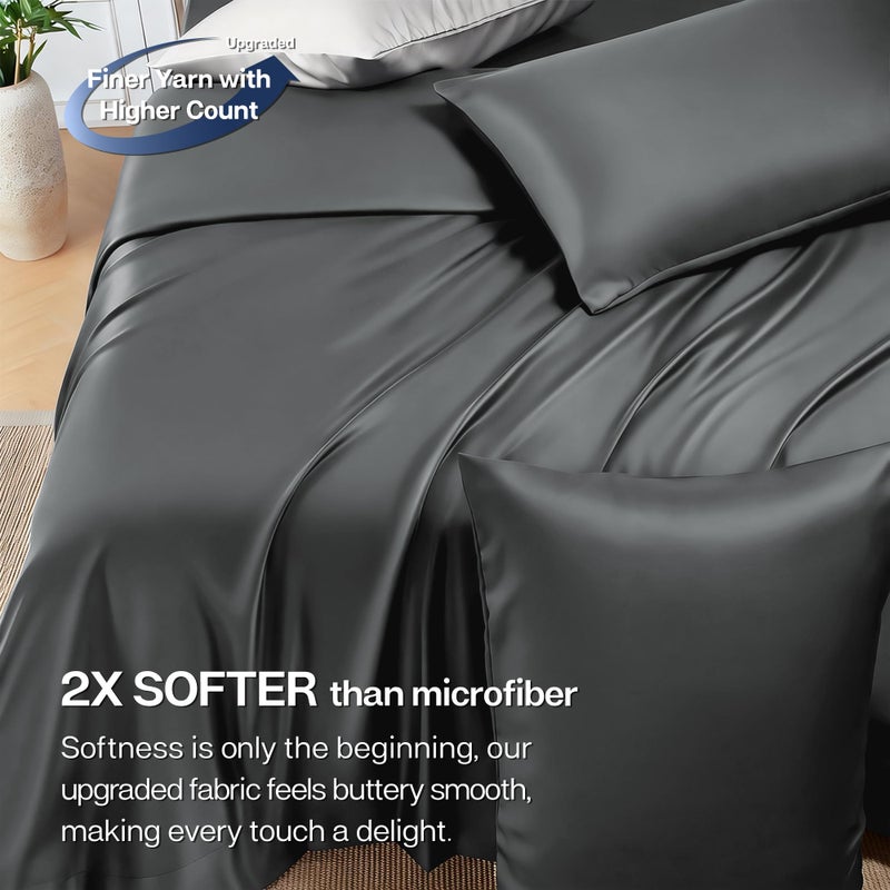 MR&HM Queen Sheet Set, 4-Piece Cooling Sheets, Rayon Derived from Bamboo & Polyester Blend, Soft & Silky, 15" Deep Pockets with Elastic Straps, Hotel Luxury for Hot Sleepers, Dark Grey - Image 4