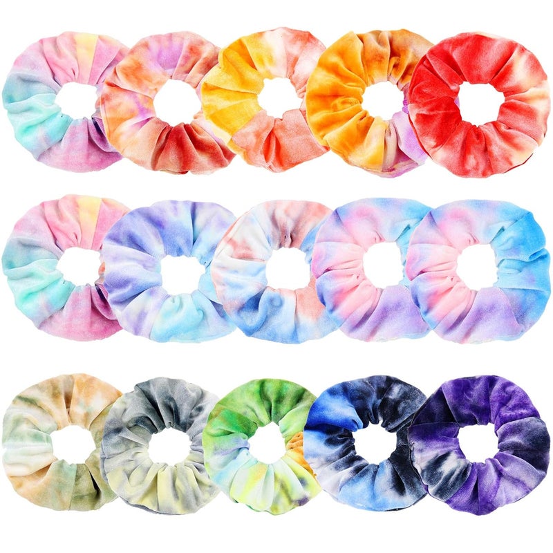 ZOCONE Tie Dye Scrunchies 15 PCS Velvet Scrunchies for Hair in Gradient Color Soft Rainbow Scrunchy Ponytail Holder Hair Accessories Elastic Hair Bands for Women Girls Tie Dye Party Favors