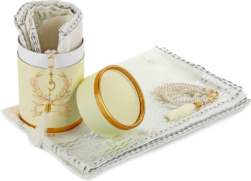 İhvan Online Cylinder Boxed Set - With Pearl Prayer - Gilded Cut Fiber Mevlid Cover - Cream Color