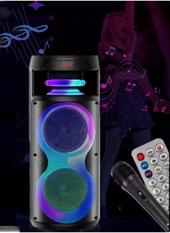 Bluetooth PA Speaker System Rechargeable Outdoor Bluetooth Speaker Portable PA System Dual 8” Subwoofer 1” Tweeter Microphone In Party Lights USB Radio Remote