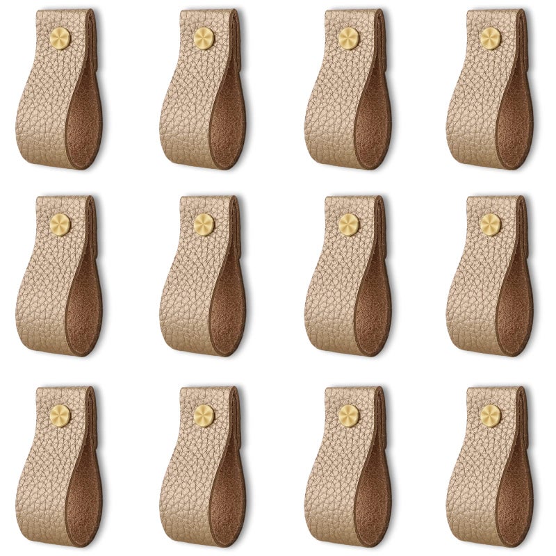 ANJUU Leather Drawer Pulls 12 Pcs Leather Pulls Handles Handmade Leather Knobs Cabinet Hardware Drawer Pulls for Dresser Cabinet Drawer Doors and Closet Gold