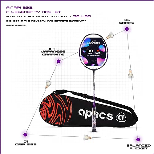 Apacs Finapi 232 (Unstrung, 38 LBS Max Tension) Made in Vietnam | 100% Japanese Graphite | High Modulus | High Power Badminton Racket with Free Full Cover | G1-4 1/4 inches (Purple) - Image 4
