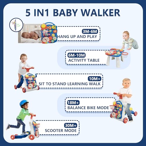 HYES 5 in 1 Baby Push Walker for Baby Boy Activity Center Learning to Walk Sit to Stand Early Learning Push Toys for Infant 12 Months Walking Toys Gift for Toddler Boys Blue - Image 5