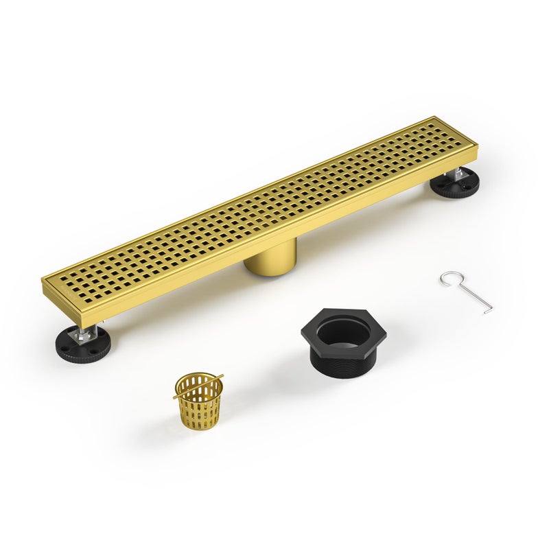 Bernkot Linear Shower Drain 18 304 Stainless Steel Floor Drain with Grid Drain Cover  Hair Strainer Rectangular Shower Drain wCUPC Certified Brushed Gold