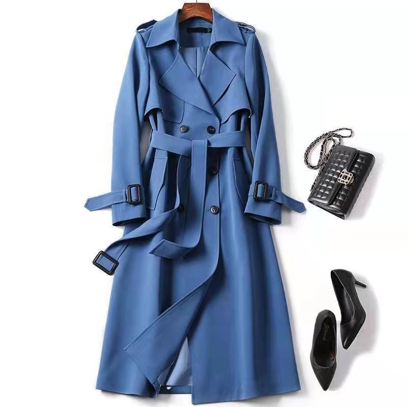 DD Windbreaker Womens Mid-length 2025 Spring and Autumn New Korean Style plus size Small Popular British Style Coat Over the Knee Haze blue natural color lining 