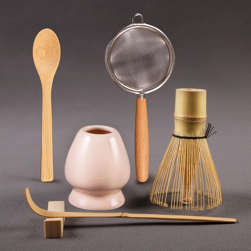 Coanto Matcha Whisk Set - Includes Sifter Bamboo Whisk (Chasen), Tea Spoon, Pink Spoon Holder, Scoop and Whisk Holder, 6pcs (No Bowl Included) - Image 1