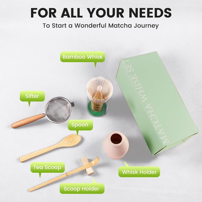 Coanto Matcha Whisk Set - Includes Sifter Bamboo Whisk (Chasen), Tea Spoon, Pink Spoon Holder, Scoop and Whisk Holder, 6pcs (No Bowl Included) - Image 3