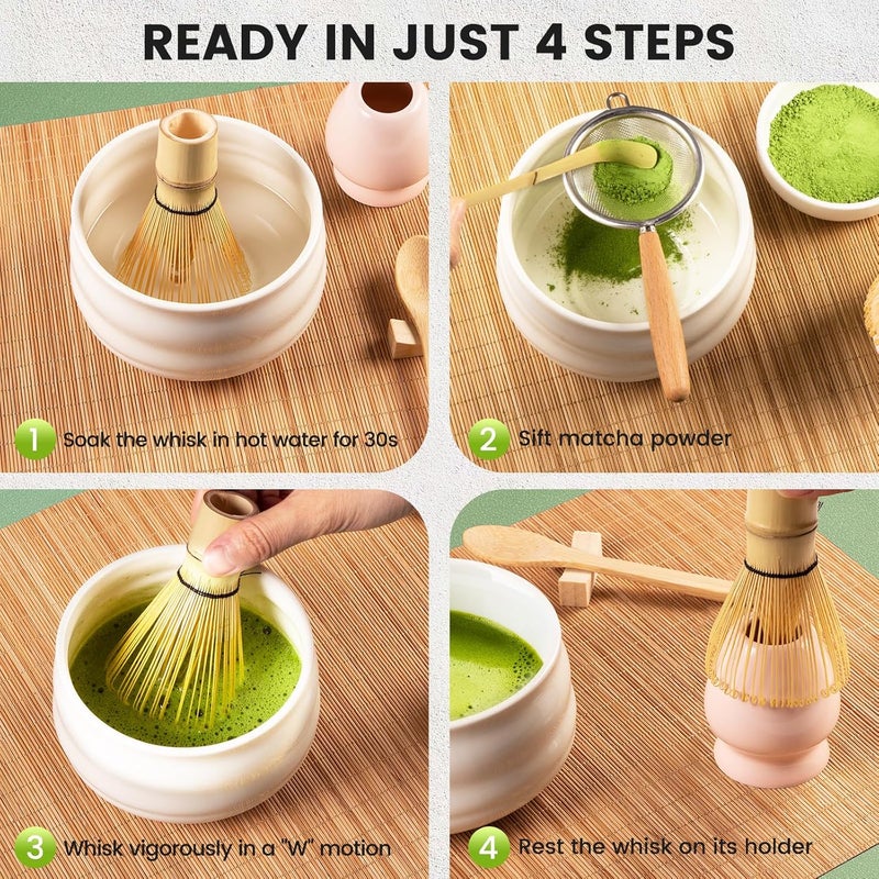 Coanto Matcha Whisk Set - Includes Sifter Bamboo Whisk (Chasen), Tea Spoon, Pink Spoon Holder, Scoop and Whisk Holder, 6pcs (No Bowl Included) - Image 4