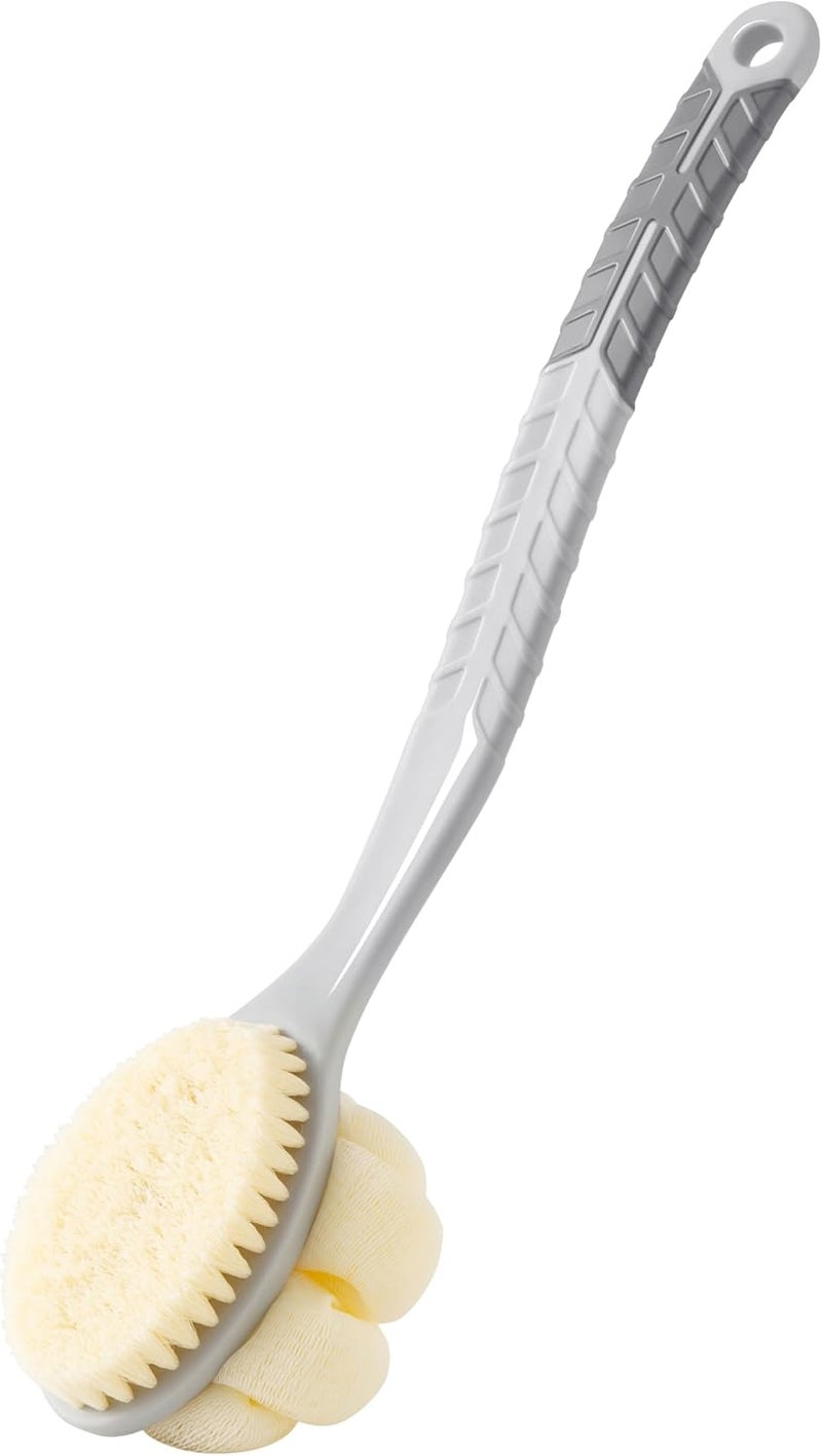 Arswin Shower Body Brush with Bristles and Large Pumpkin LoofahBack Scrubber Bath Mesh Sponge with AntiSlip Curved Long Handle for Skin ExfoliatingMassage Bristles for Wet or DryMen Women Grey - Image 1