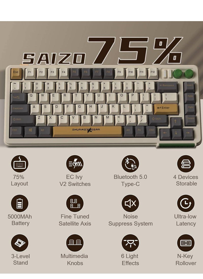 Varmilo - Varmilo Shurikey Saizo 002 75% Wired/Wireless Mechanical Gaming Keyboard, EC V2 Ivy Switches, Double Shot Keycaps, 4400mAh Battery Capacity, English (US) Layout, Brown - Image 1