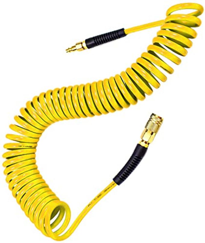 yotoo Polyurethane Recoil Air Hose, Air Compressor Hose 1/4" Inner Diameter by 25' Long with Bend Restrictor, 1/4" Industrial Quick Coupler and Plug, Yellow - Image 1