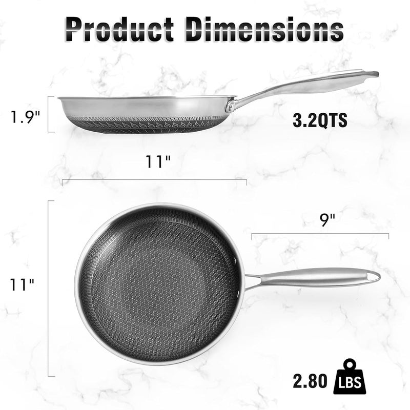 Jecrina مقلاة جيكرينا غير لاصقة 11 بوصة من الفولاذ المقاوم للصدأ، مقلاة تحريض مع نقوش خلوية، مقلاة غير لاصقة مناسبة لجميع أنواع المواقد، مقبض بارد، غير سامة، آمنة في غسالة الصحون والفرن. - Image 2
