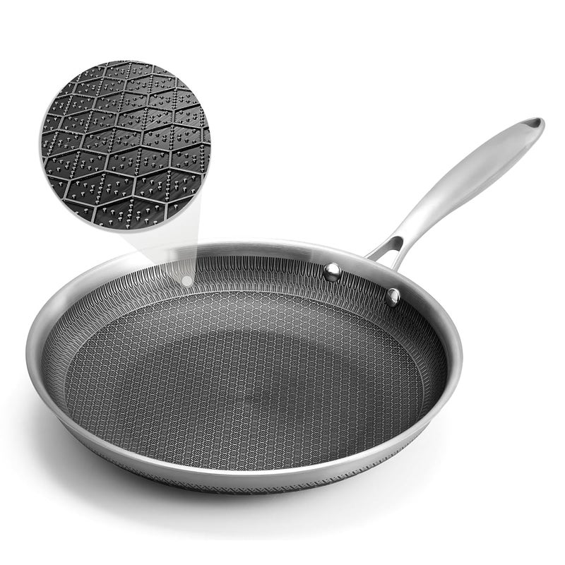 Jecrina مقلاة جيكرينا غير لاصقة 11 بوصة من الفولاذ المقاوم للصدأ، مقلاة تحريض مع نقوش خلوية، مقلاة غير لاصقة مناسبة لجميع أنواع المواقد، مقبض بارد، غير سامة، آمنة في غسالة الصحون والفرن. - Image 1