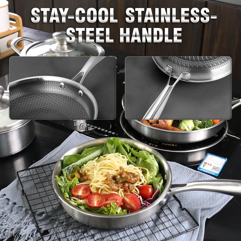 Jecrina مقلاة جيكرينا غير لاصقة 11 بوصة من الفولاذ المقاوم للصدأ، مقلاة تحريض مع نقوش خلوية، مقلاة غير لاصقة مناسبة لجميع أنواع المواقد، مقبض بارد، غير سامة، آمنة في غسالة الصحون والفرن. - Image 5