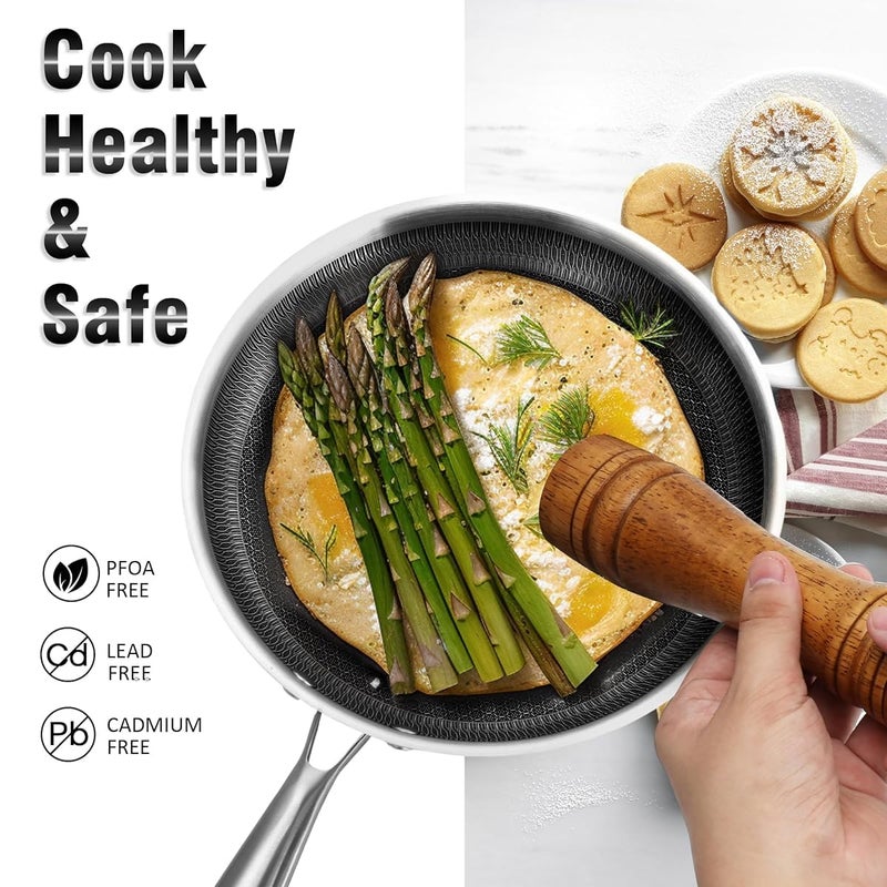 Jecrina مقلاة جيكرينا غير لاصقة 11 بوصة من الفولاذ المقاوم للصدأ، مقلاة تحريض مع نقوش خلوية، مقلاة غير لاصقة مناسبة لجميع أنواع المواقد، مقبض بارد، غير سامة، آمنة في غسالة الصحون والفرن. - Image 4