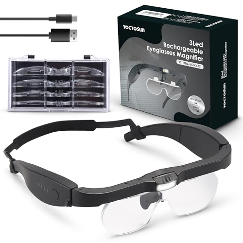 YOCTOSUN Magnifying Glasses with Light, Rechargeable Head Magnifier Glasses with 3 LED Lights and Detachable Lenses 1.5X, 2.5X, 3.5X, 5X, Magnifying Headset for Close Work Hobby Jewelry Crafts - Image 1