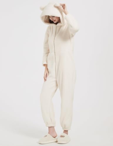 Flygo Womens Fuzzy Pajamas Fleece Onesie Pajamas Winter Warm One Piece PJs LoungewearBeigeXS - Image 3