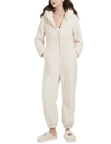 Flygo Womens Fuzzy Pajamas Fleece Onesie Pajamas Winter Warm One Piece PJs LoungewearBeigeXS - Image 1