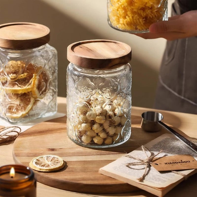 Custde Glass Storage Jars With Airtight Lid, 23.7oz Container For Kitchen Counter with Wooden Lid, brown sugar, candy, coffee, cookie, salt, tea, cute Jar (Begonia Flowers*1) - Image 4