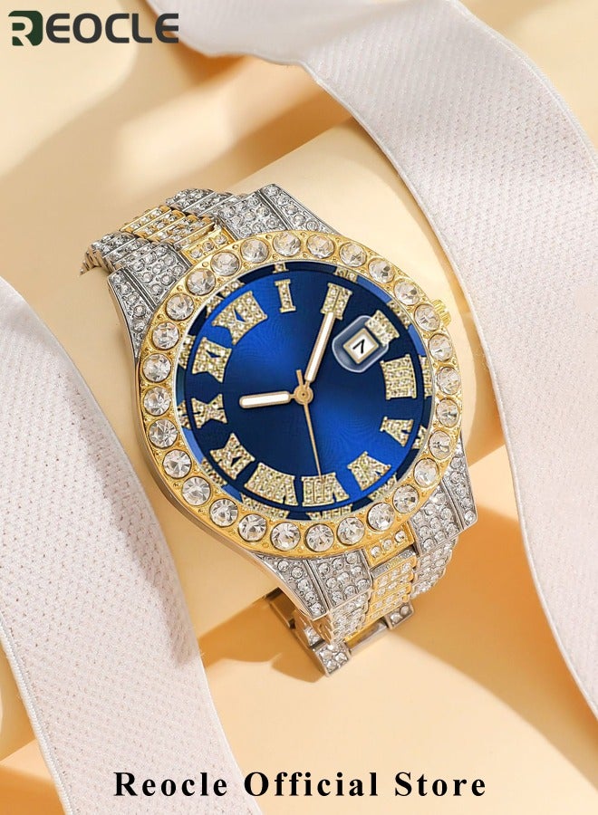REOCLE New Women's Watch Full Diamond Roman Scale Calendar Fashionable Women's Watch Quartz Watch  - Image 2