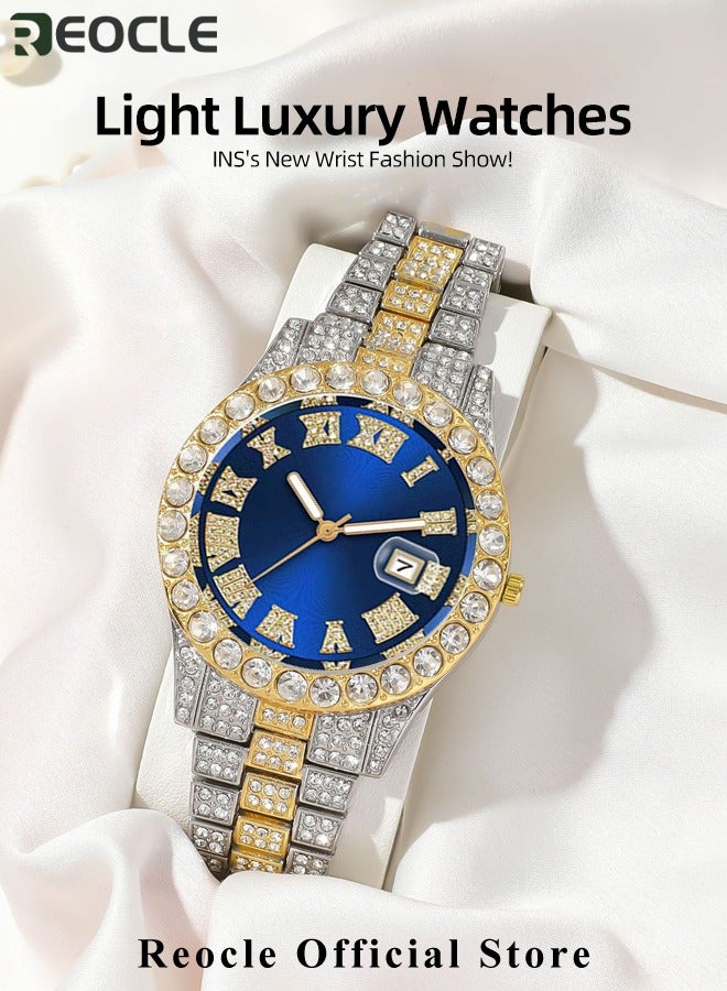 REOCLE New Women's Watch Full Diamond Roman Scale Calendar Fashionable Women's Watch Quartz Watch  - Image 5