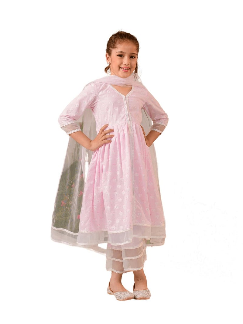 Pspeaches Girls Cotton 3/4th Sleeve V-Neck Ethnic Motifs Print Kurta And Palazzo With Dupatta 3 Piece Set|Ethnic Wear For Kids Girls|Traditional & Festive Outfit 12-13 Year Pink - Image 5