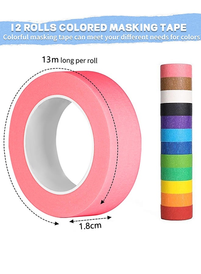 12PCS Colored Masking Tape, Colored Tape for Kids Art Supplies, DIY Craft Tape, Colored Painters Tape for Labeling, Classroom, Decorative, Rainbow Color Tape Rolls (1.8cm x 13m) - Image 2