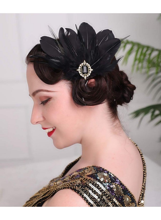 Aimimier 1920S Flapper Black Feather Headpiece Crystal Roaring 20S Feather Hair Clip Masquerade Gatsby Hair Jewelry For Women And Girls - Image 1