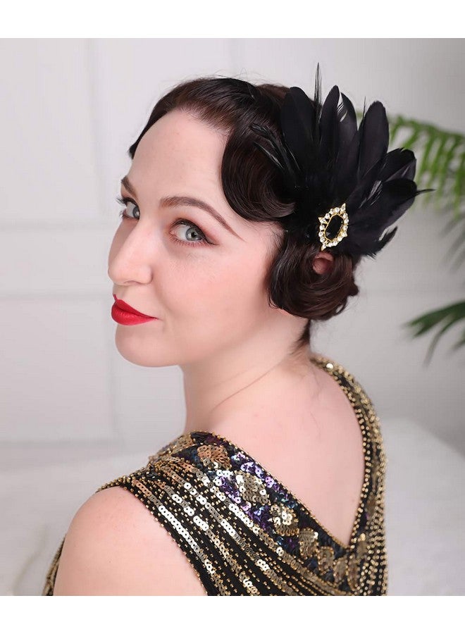 Aimimier 1920S Flapper Black Feather Headpiece Crystal Roaring 20S Feather Hair Clip Masquerade Gatsby Hair Jewelry For Women And Girls - Image 2