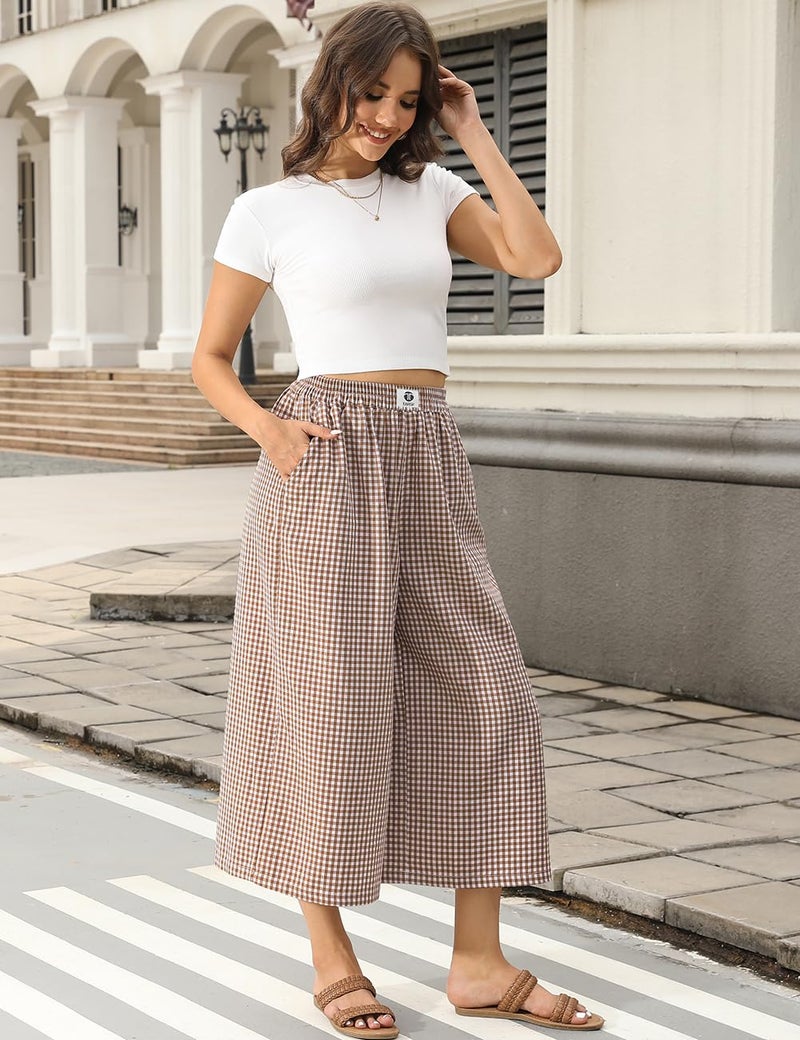 TARSE Womens Gingham Wide Leg Linen Pants Casual Loose Capri Trousers Elastic Waist Pajama Flowy Checkered Palazzo Pants with Pockets(CoffeeWhite, L) - Image 3