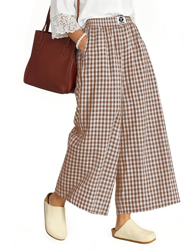 TARSE Womens Gingham Wide Leg Linen Pants Casual Loose Capri Trousers Elastic Waist Pajama Flowy Checkered Palazzo Pants with Pockets(CoffeeWhite, L) - Image 1