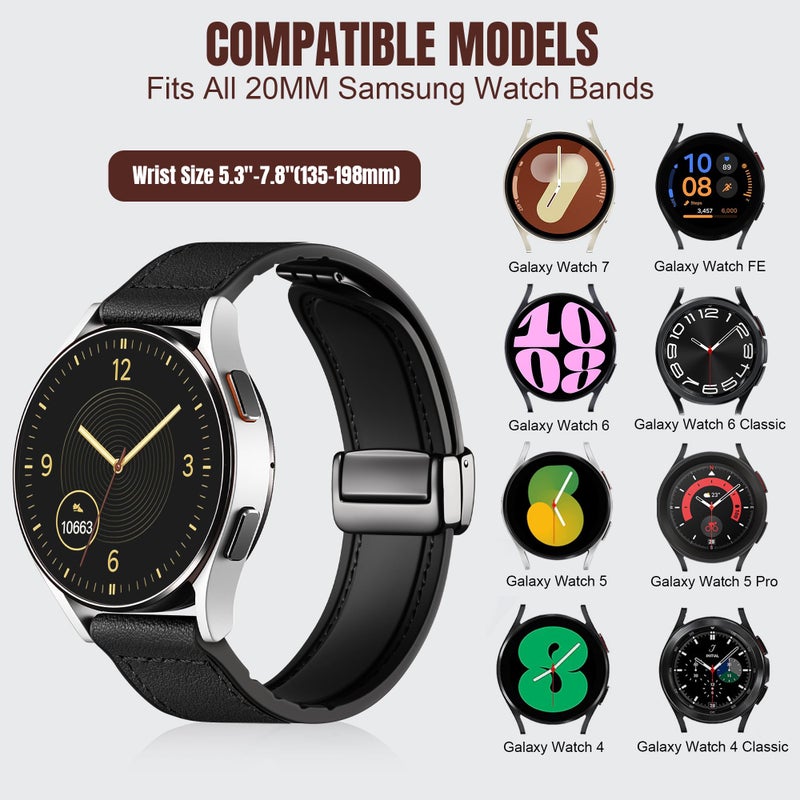 Charlam Magnetic Leather Bands Compatible with Samsung Galaxy Watch 7 Band 6 5 4 FE Active 2 40mm 44mm/Watch 6/4 Classic/Watch 5 Pro/3, 20mm Genuine Leather Straps for Samsung Watch Bands Men Women - Image 5