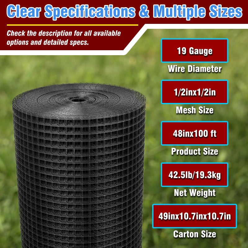 Yardbliss Black Hardware Cloth 1/2inx48inx100ft, 19GA, Chicken Wire Fencing Roll, Black Chicken Wire Mesh, Vinyl PVC Coated Welded Wire Mesh for Chicken Coop Barrier, Rabbit Snake Poultry Fences - Image 2