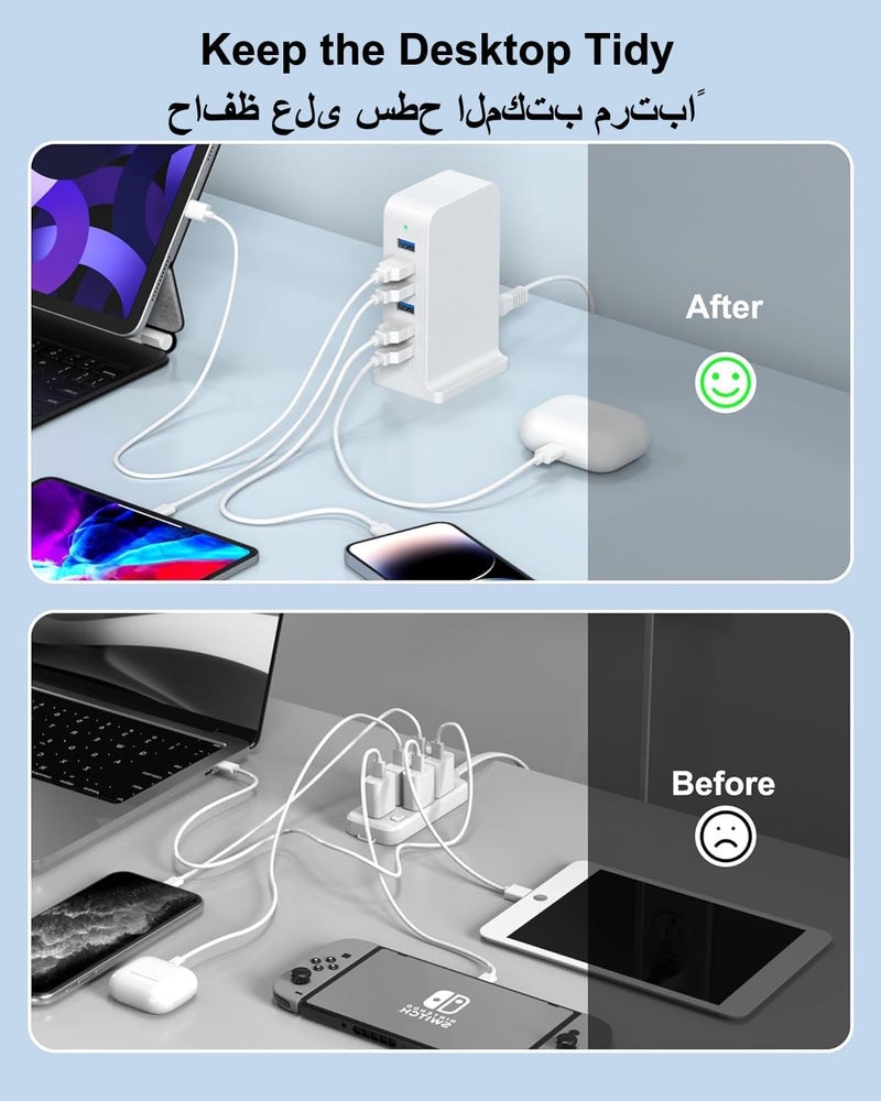 في اتش بي دبليو برج شحن USB بستة منافذ من ، شاحن بقدرة 25 واط لأجهزة متعددة – iPhone وAndroid والتابلت وغيرها (أبيض) - Image 3