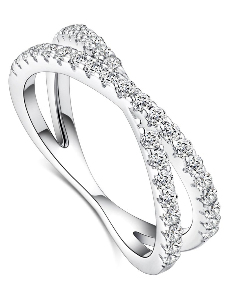 IMOLOVE Moissanite Wedding Band, Criss Cross Ring, Sterling Silver, White Gold Plated, Size 8 - Image 1