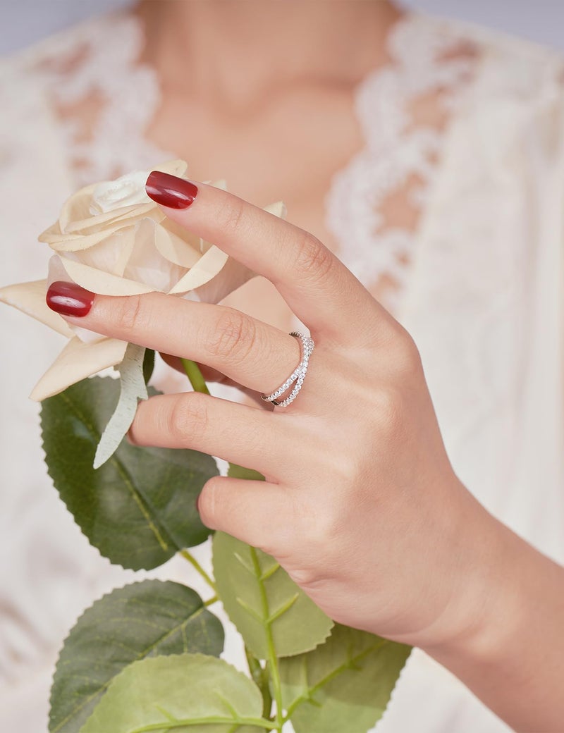 IMOLOVE Moissanite Wedding Band, Criss Cross Ring, Sterling Silver, White Gold Plated, Size 8 - Image 4