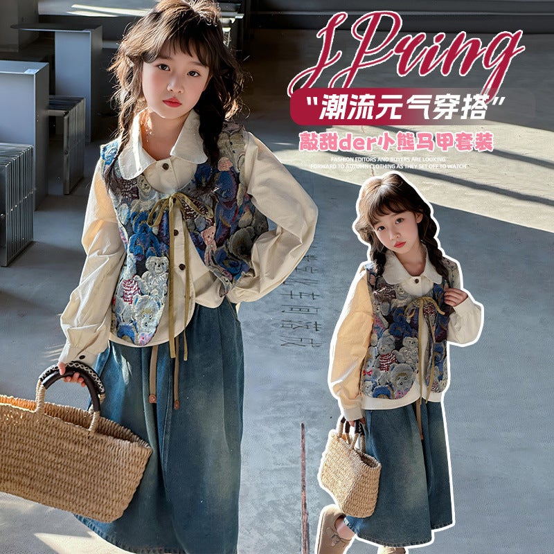 Korean Style Spring & Fall Season Suit Girls Fashionable Shirt Vest Denim Skirt Three-Piece Set - Image 3