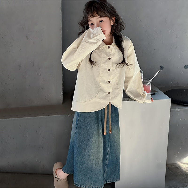 Korean Style Spring & Fall Season Suit Girls Fashionable Shirt Vest Denim Skirt Three-Piece Set - Image 2
